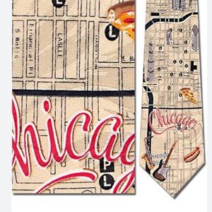 Museum Artifacts Chicago Map Novelty Necktie Silk Landmarks Pizza Hotdog Tie